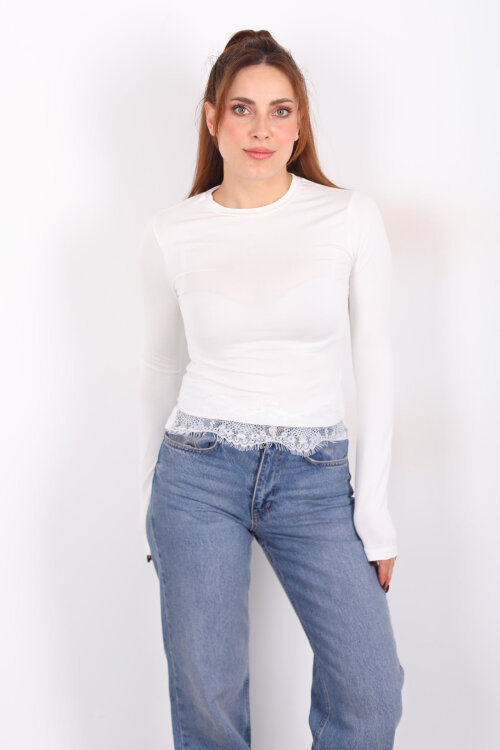 Bisiklet Yaka Eteği Dantelli Beyaz Kadın Bluz - 4