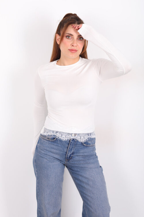 Bisiklet Yaka Eteği Dantelli Beyaz Kadın Bluz - 6