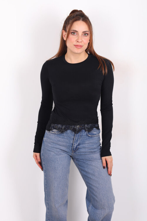 Bisiklet Yaka Eteği Dantelli Siyah Kadın Bluz - 5
