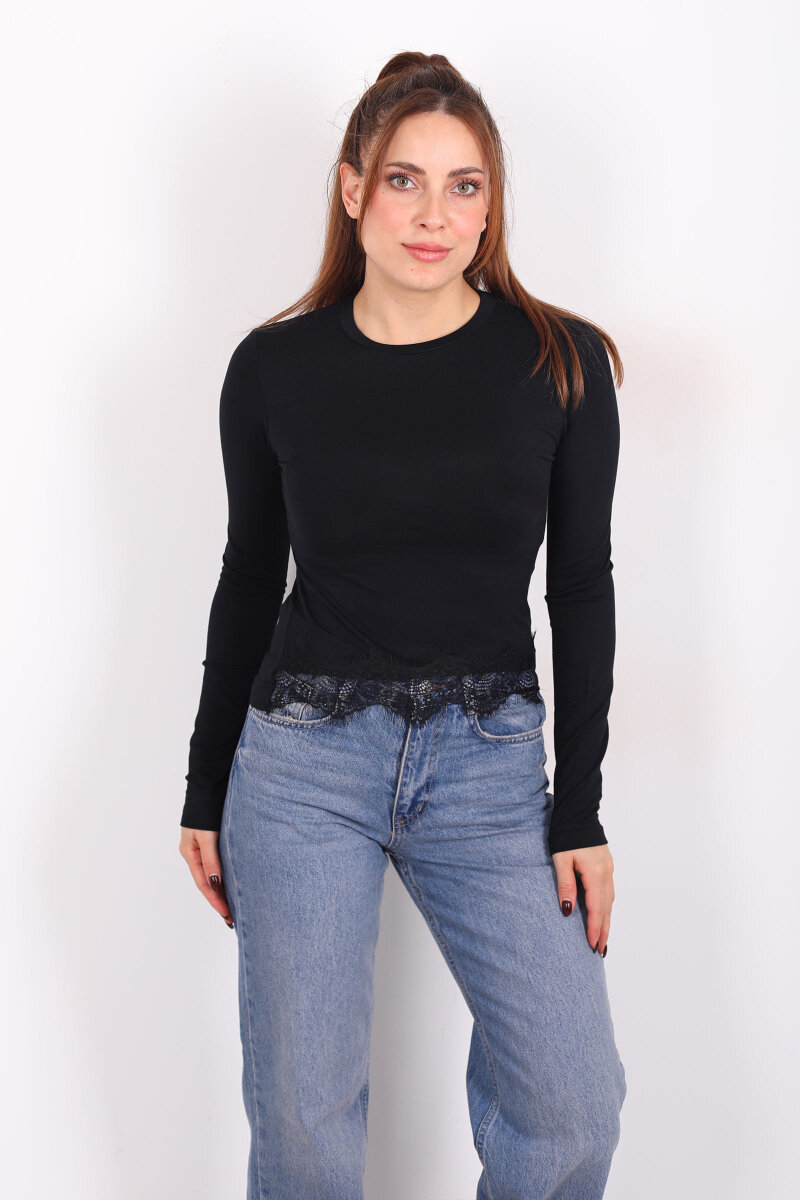 Bisiklet Yaka Eteği Dantelli Siyah Kadın Bluz - 5