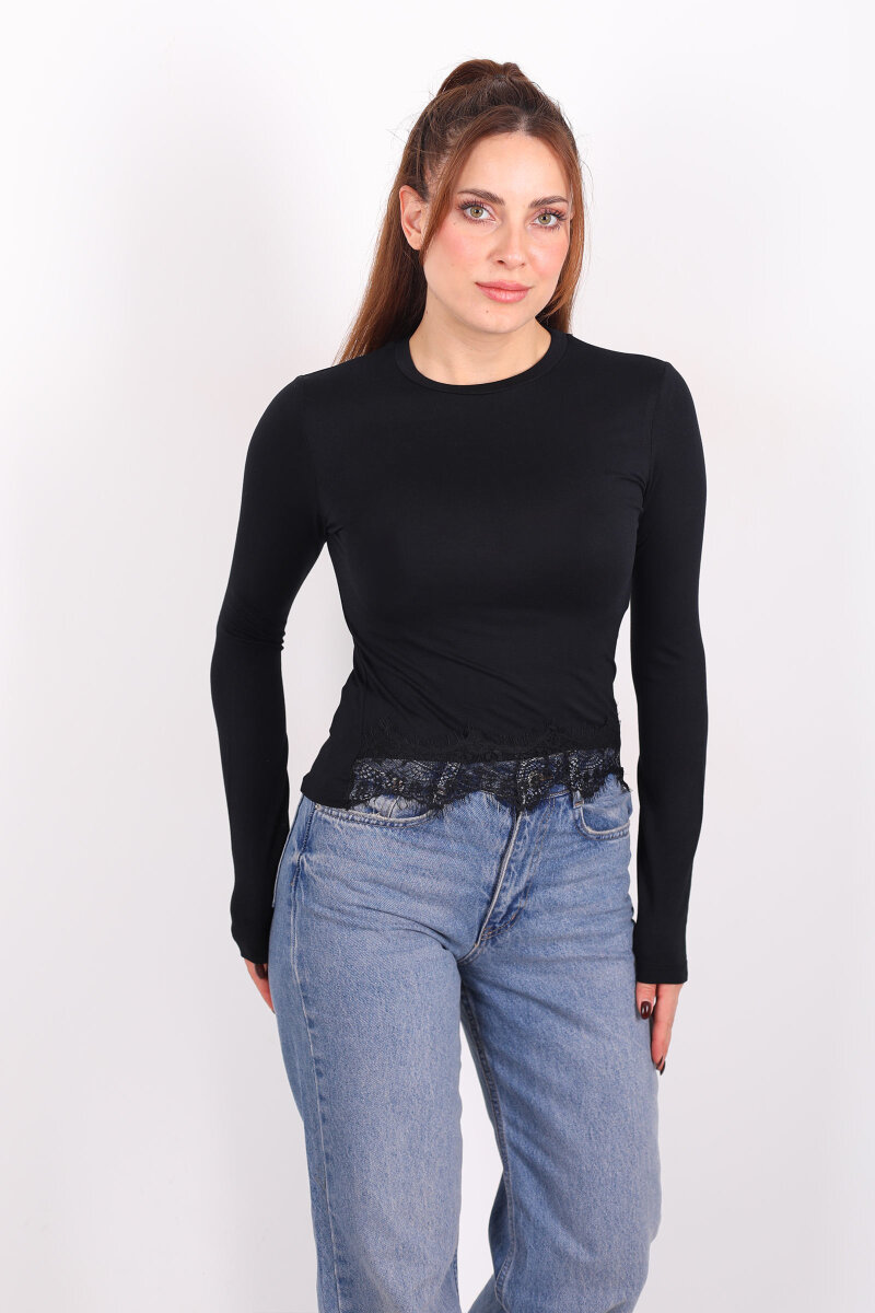 Bisiklet Yaka Eteği Dantelli Siyah Kadın Bluz - 3