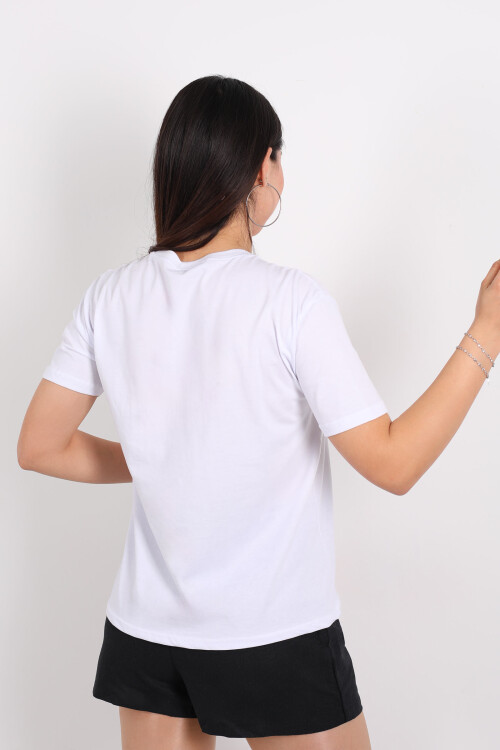 Bisiklet Yaka Forever Nakışlı Boncuk Dikişli Beyaz Kadın T-Shirt - 4