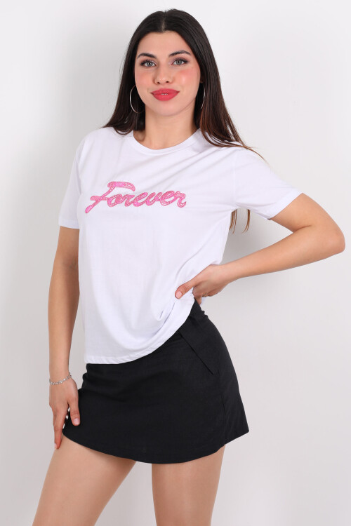 Bisiklet Yaka Forever Nakışlı Boncuk Dikişli Beyaz Kadın T-Shirt - 3