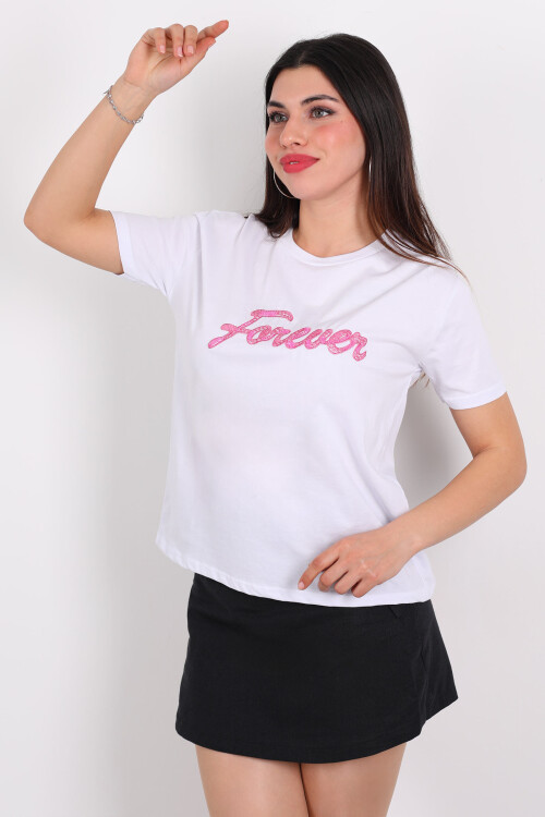 Bisiklet Yaka Forever Nakışlı Boncuk Dikişli Beyaz Kadın T-Shirt 