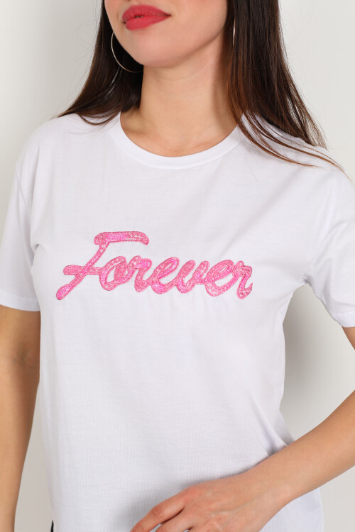 Bisiklet Yaka Forever Nakışlı Boncuk Dikişli Beyaz Kadın T-Shirt - 2