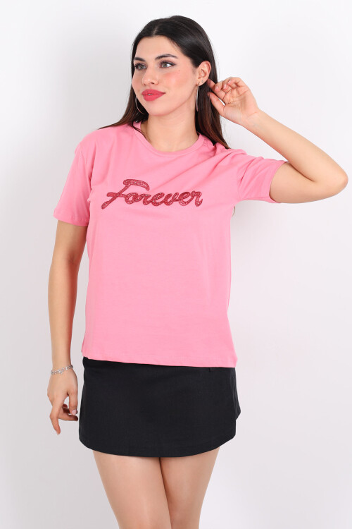 Bisiklet Yaka Forever Nakışlı Boncuk Dikişli Pembe Kadın T-Shirt - 3