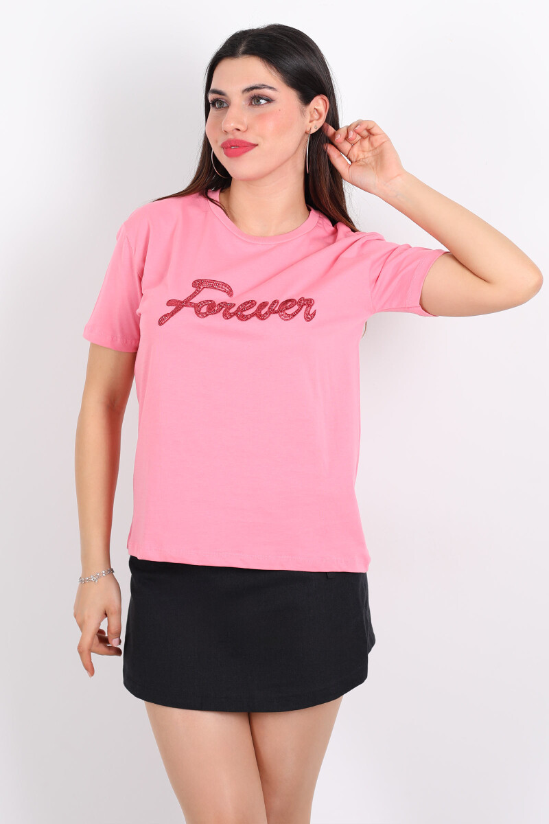 Bisiklet Yaka Forever Nakışlı Boncuk Dikişli Pembe Kadın T-Shirt - 3