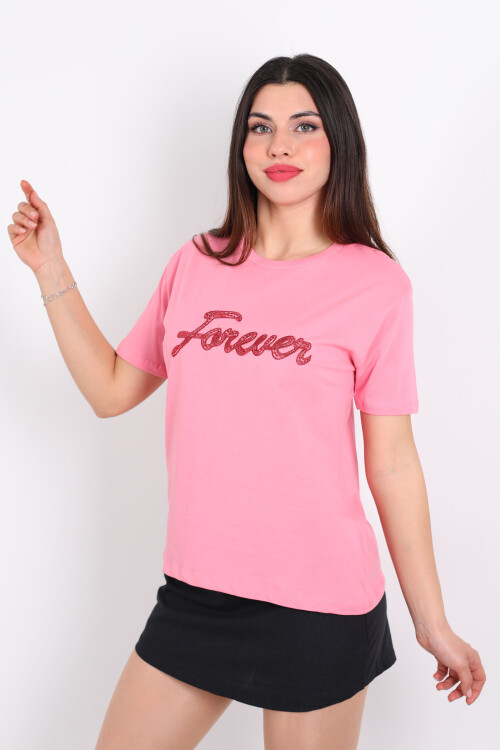 Bisiklet Yaka Forever Nakışlı Boncuk Dikişli Pembe Kadın T-Shirt - 4