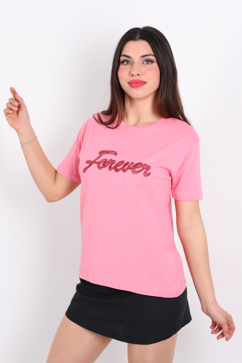 Bisiklet Yaka Forever Nakışlı Boncuk Dikişli Pembe Kadın T-Shirt - 4