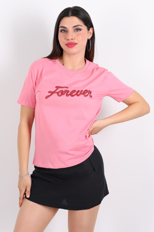 Bisiklet Yaka Forever Nakışlı Boncuk Dikişli Pembe Kadın T-Shirt - 1