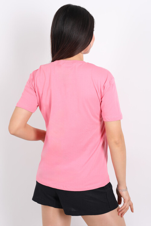 Bisiklet Yaka Forever Nakışlı Boncuk Dikişli Pembe Kadın T-Shirt - 5