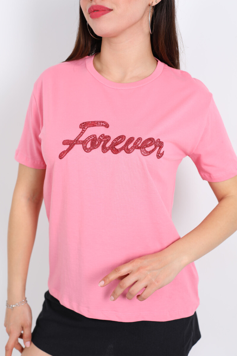 Bisiklet Yaka Forever Nakışlı Boncuk Dikişli Pembe Kadın T-Shirt - 2