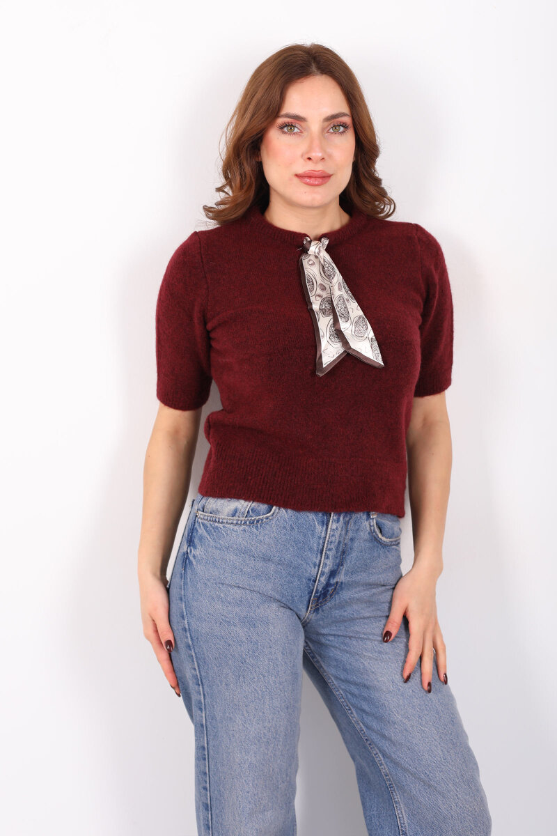 Bisiklet Yaka Fular Detaylı Kısa Kol Bordo Kadın Triko Kazak - 1