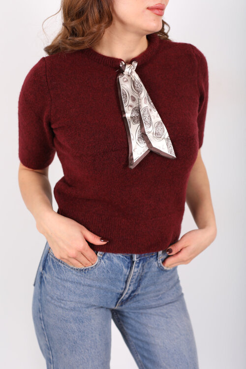 Bisiklet Yaka Fular Detaylı Kısa Kol Bordo Kadın Triko Kazak - Berox (1)