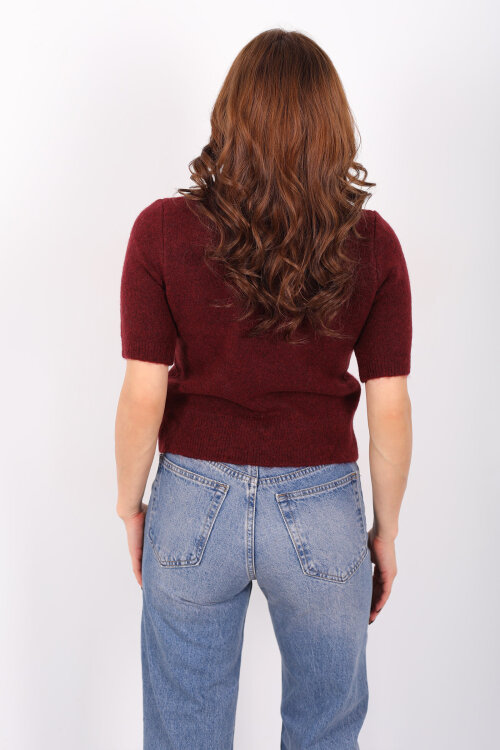 Bisiklet Yaka Fular Detaylı Kısa Kol Bordo Kadın Triko Kazak - 5