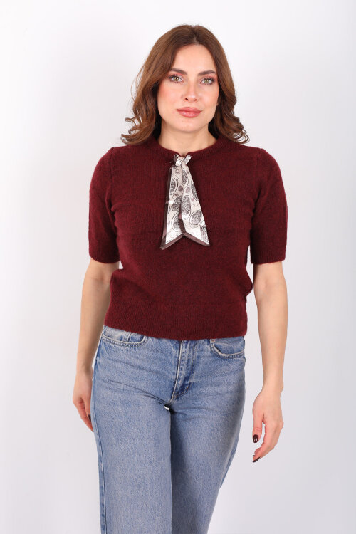Bisiklet Yaka Fular Detaylı Kısa Kol Bordo Kadın Triko Kazak - 4