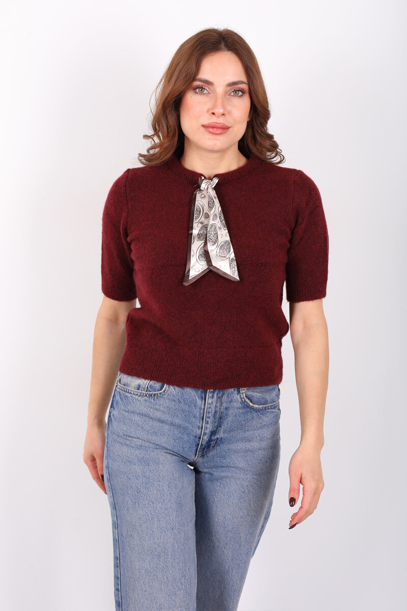 Bisiklet Yaka Fular Detaylı Kısa Kol Bordo Kadın Triko Kazak - 4