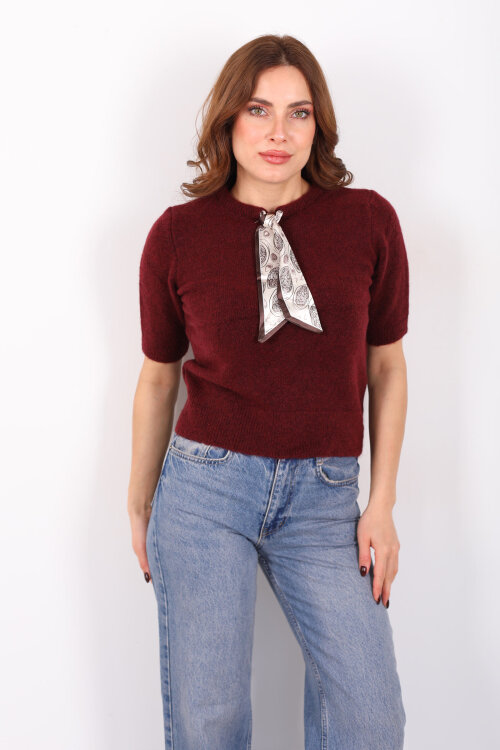 Bisiklet Yaka Fular Detaylı Kısa Kol Bordo Kadın Triko Kazak - 6