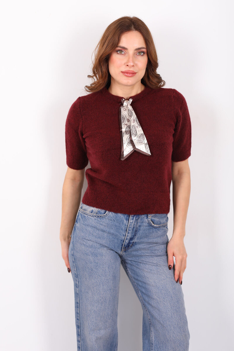 Bisiklet Yaka Fular Detaylı Kısa Kol Bordo Kadın Triko Kazak - 6