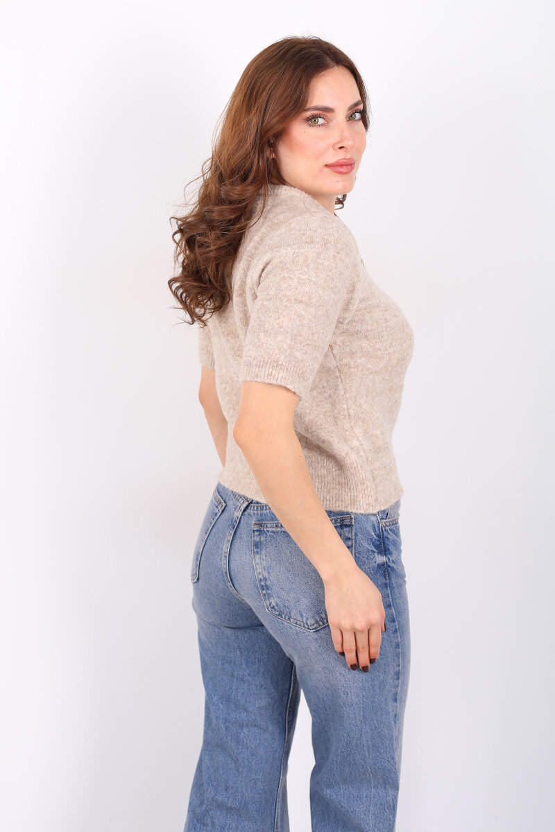 Bisiklet Yaka Fular Detaylı Kısa Kol Taş Rengi Kadın Triko Kazak - 5