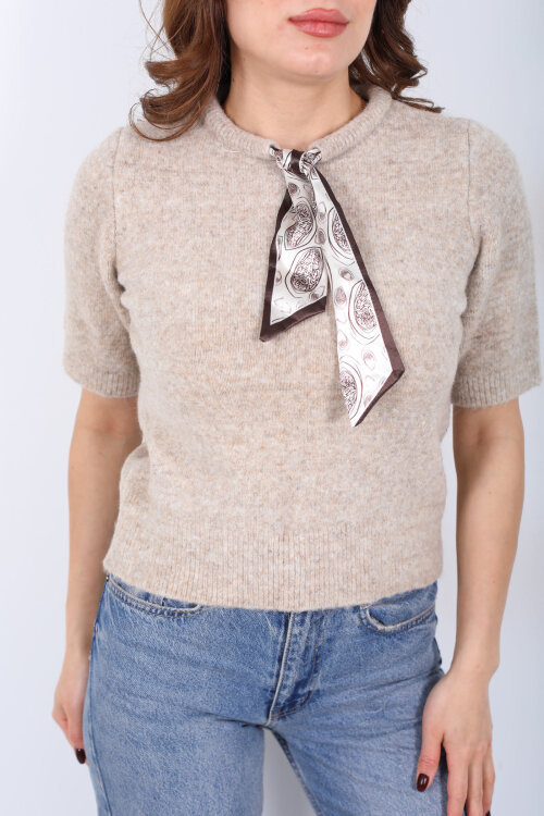 Bisiklet Yaka Fular Detaylı Kısa Kol Taş Rengi Kadın Triko Kazak - Berox (1)