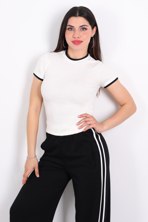 Bisiklet Yaka Garnili Beyaz Kadın Body 