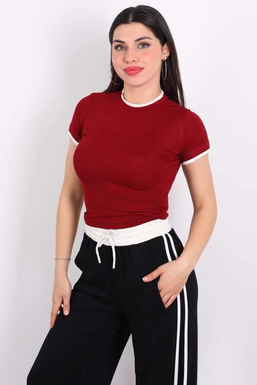 Bisiklet Yaka Garnili Bordo Kadın Body - 3