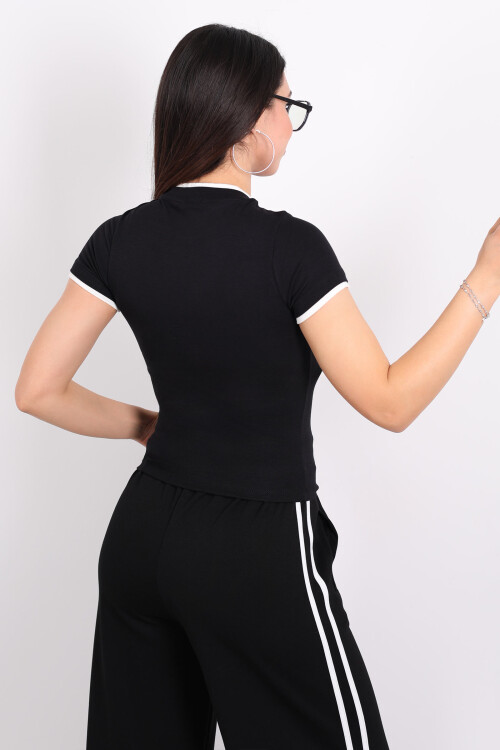 Bisiklet Yaka Garnili Siyah Kadın Body - 2