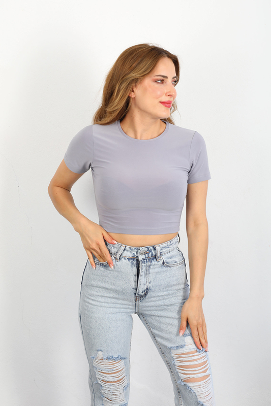 Bisiklet Yaka Gri Kadın Basıc Sandy Crop - 2