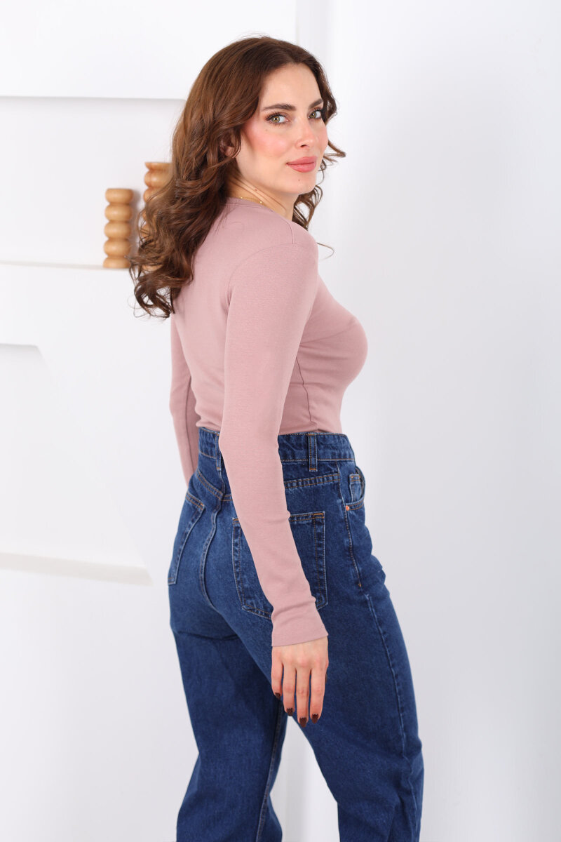 Bisiklet Yaka Gül Kurusu Kadın Ayıcık Nakışlı Body - 4