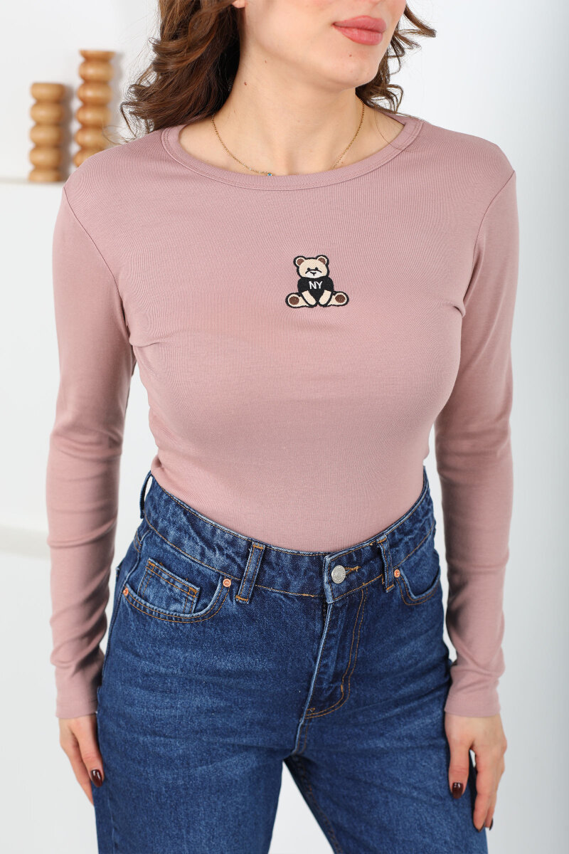 Bisiklet Yaka Gül Kurusu Kadın Ayıcık Nakışlı Body - 2