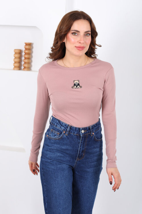 Bisiklet Yaka Gül Kurusu Kadın Ayıcık Nakışlı Body - 3