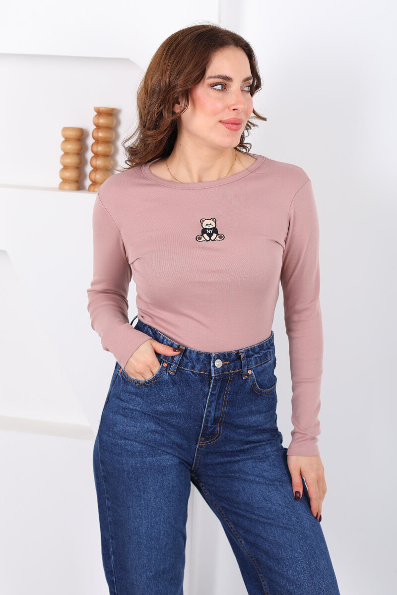 Bisiklet Yaka Gül Kurusu Kadın Ayıcık Nakışlı Body - 1