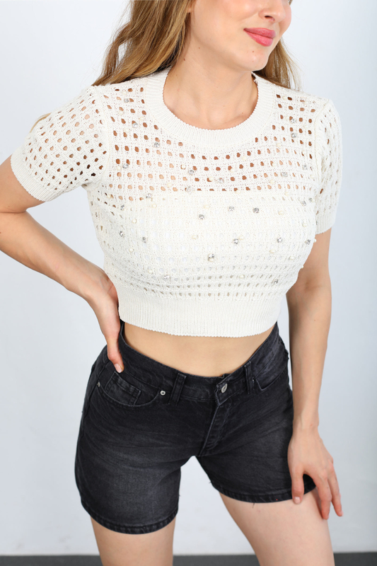 Bisiklet Yaka İnci Taşlı Taş Rengi Triko Crop - 2