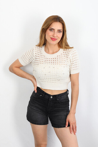 Bisiklet Yaka İnci Taşlı Taş Rengi Triko Crop - 3