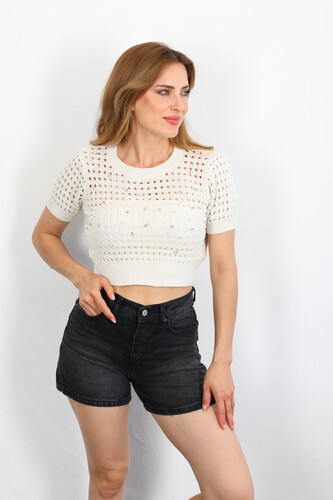 Bisiklet Yaka İnci Taşlı Taş Rengi Triko Crop - Berox