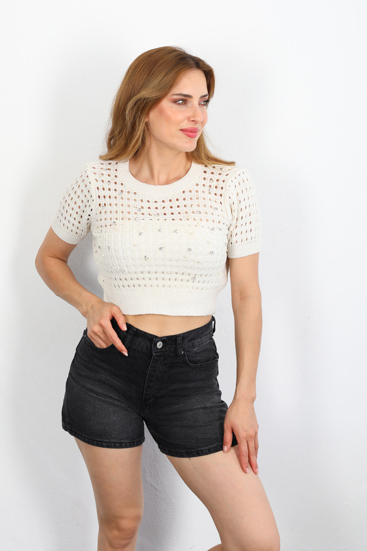 Bisiklet Yaka İnci Taşlı Taş Rengi Triko Crop - 1