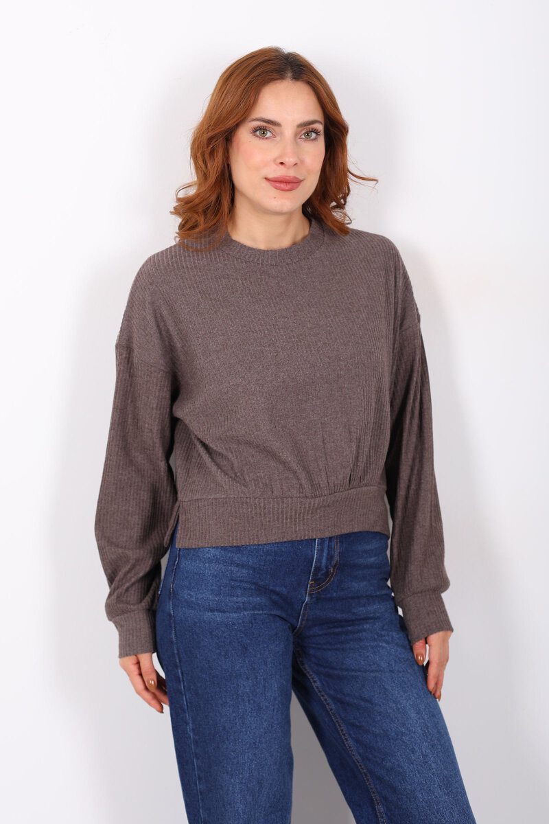 Bisiklet Yaka Kahverengi Kadın Triko Kazak - 5