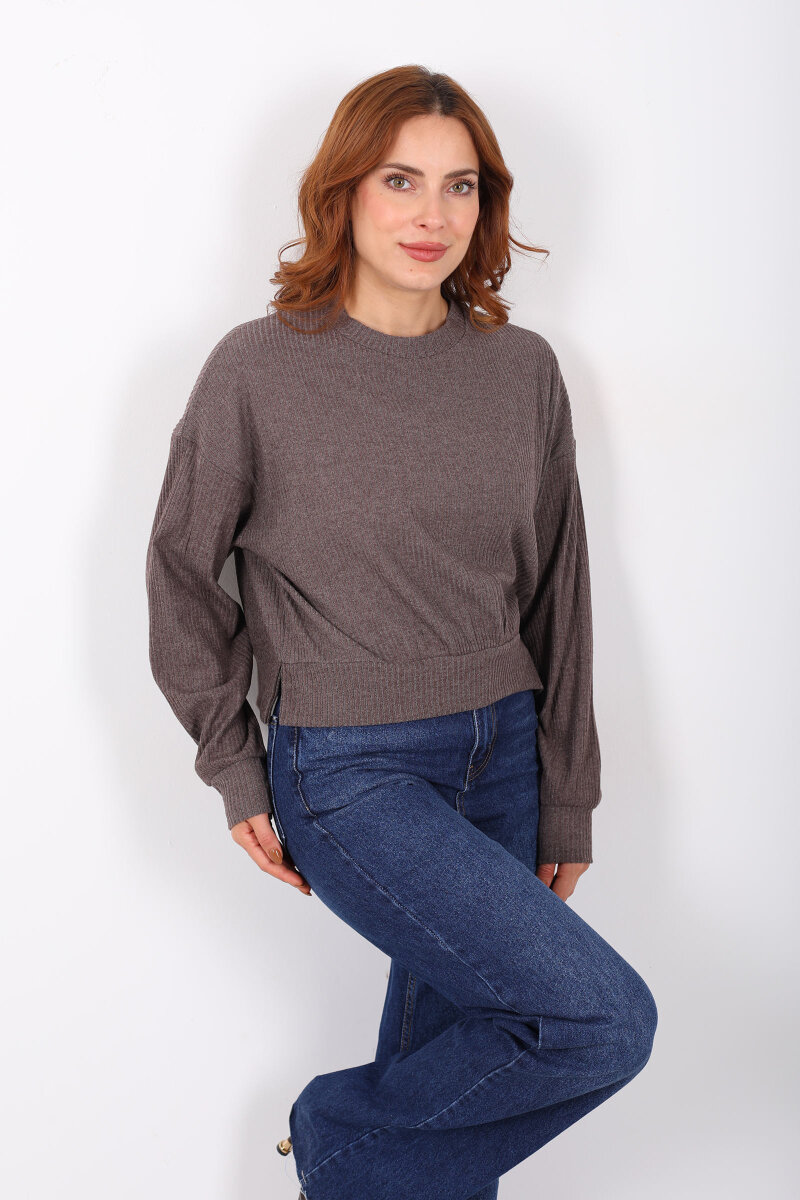 Bisiklet Yaka Kahverengi Kadın Triko Kazak - 1