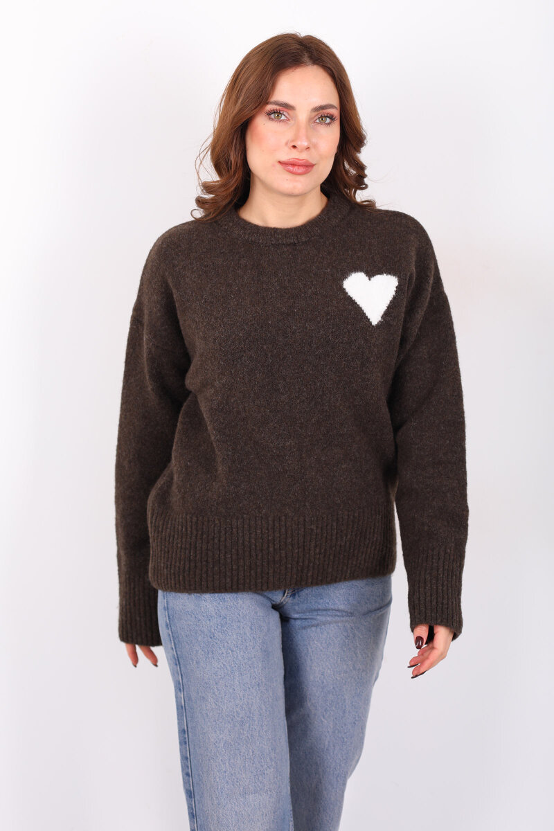 Bisiklet Yaka Kalp Detaylı Acı Kahve Kadın Triko Kazak - 6