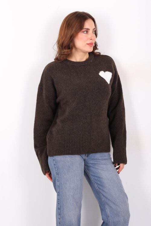 Bisiklet Yaka Kalp Detaylı Acı Kahve Kadın Triko Kazak - 3
