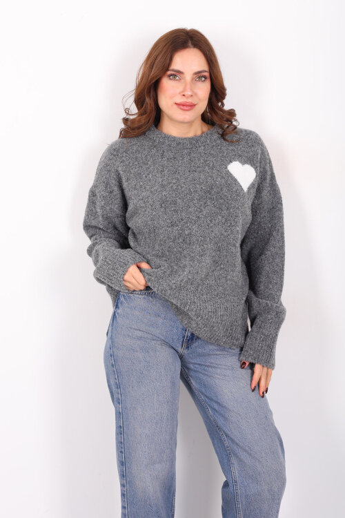 Bisiklet Yaka Kalp Detaylı Füme Kadın Triko Kazak - 6