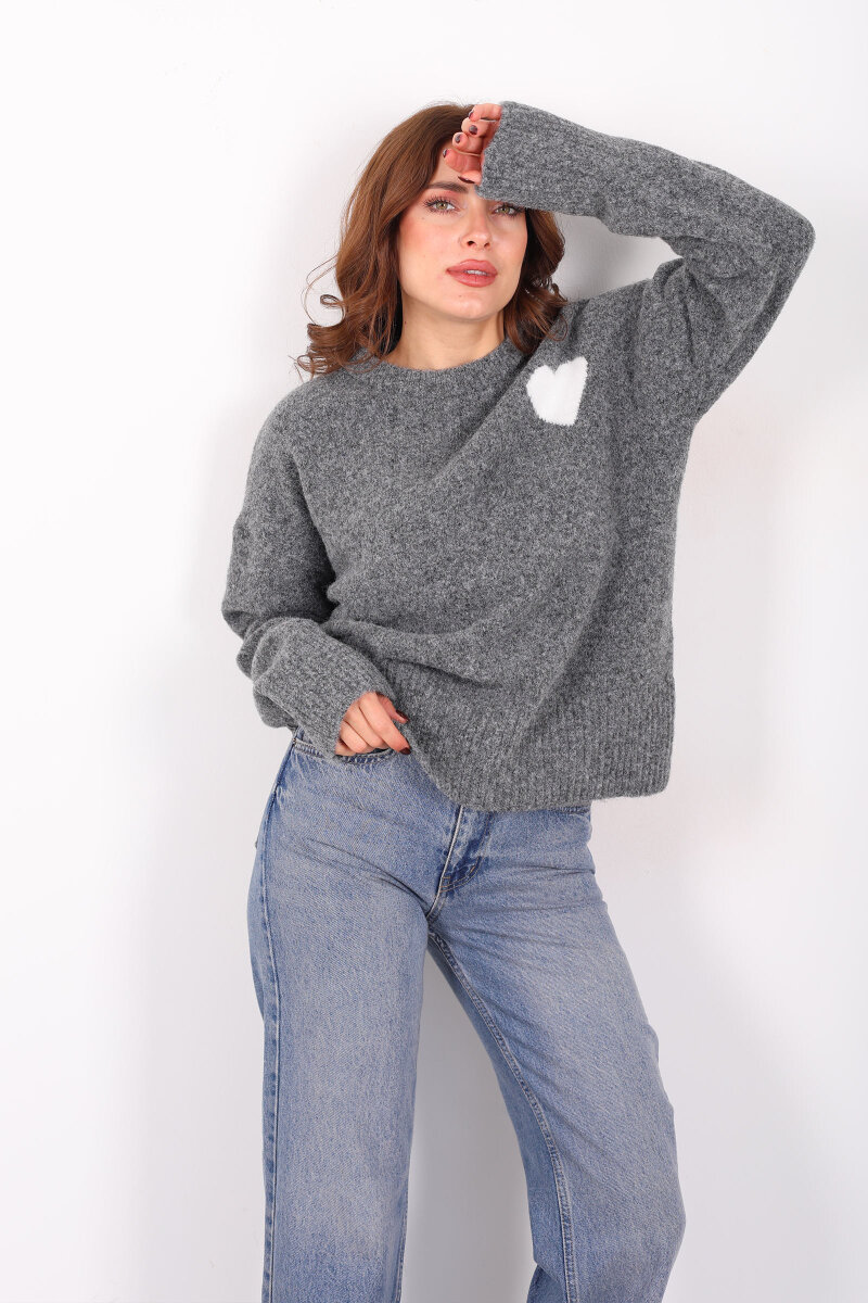 Bisiklet Yaka Kalp Detaylı Füme Kadın Triko Kazak - 1
