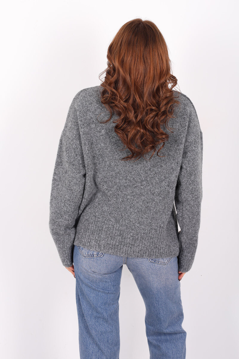 Bisiklet Yaka Kalp Detaylı Füme Kadın Triko Kazak - 5