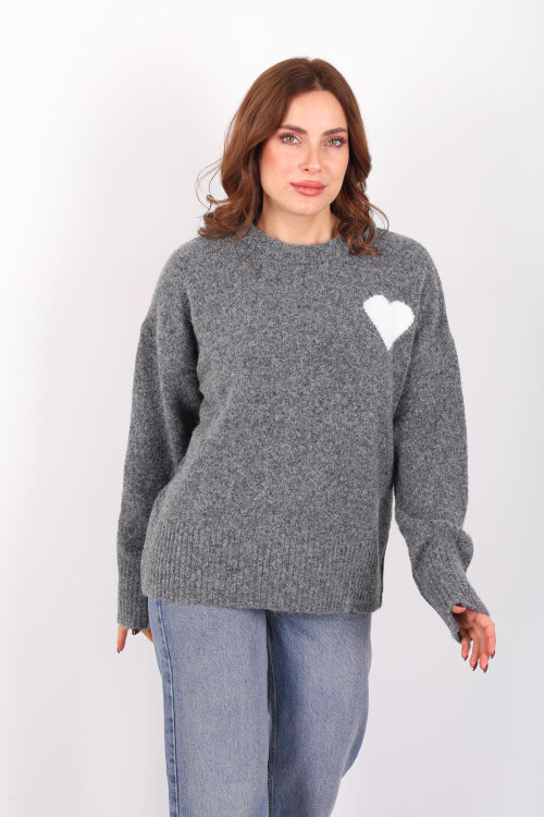 Bisiklet Yaka Kalp Detaylı Füme Kadın Triko Kazak - 4