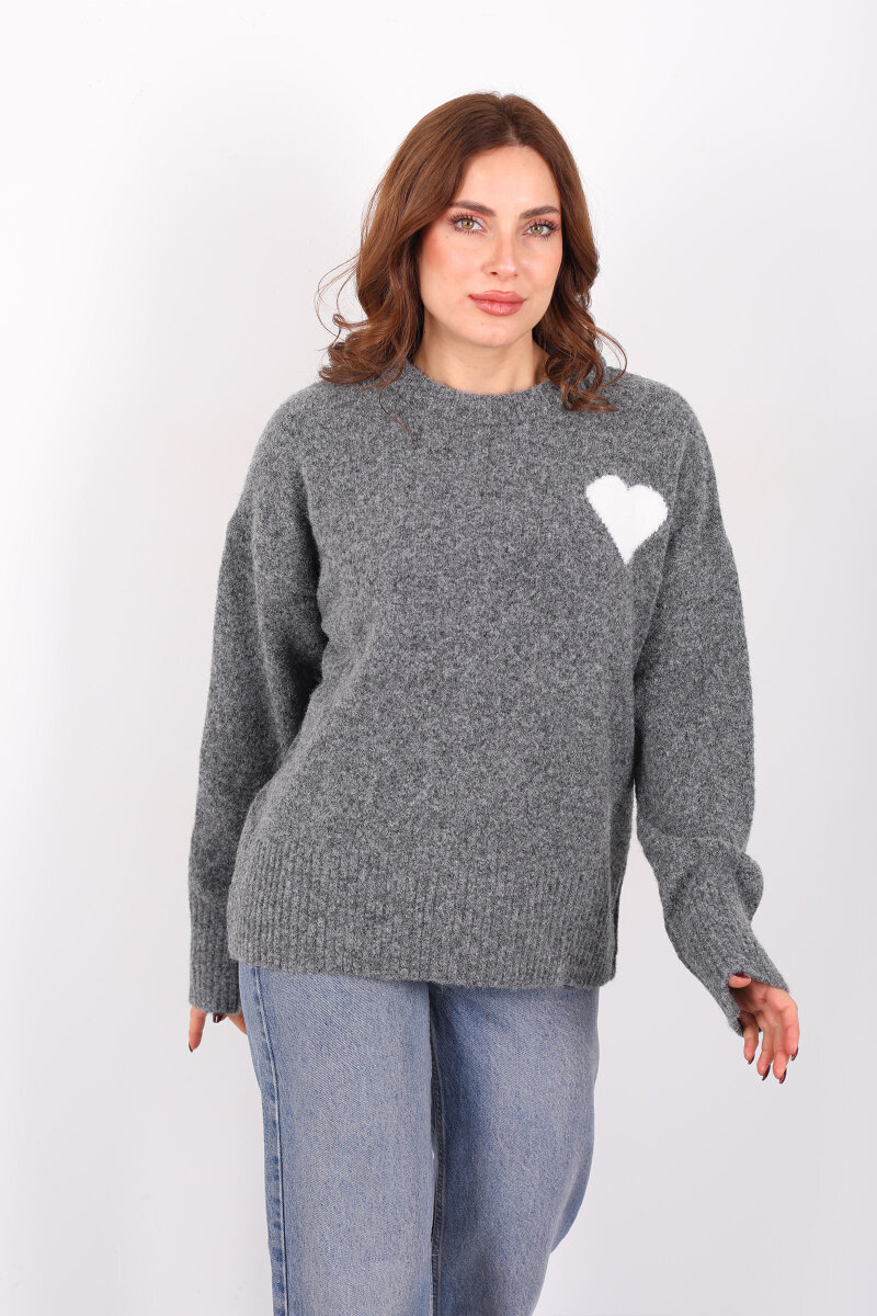 Bisiklet Yaka Kalp Detaylı Füme Kadın Triko Kazak - 4