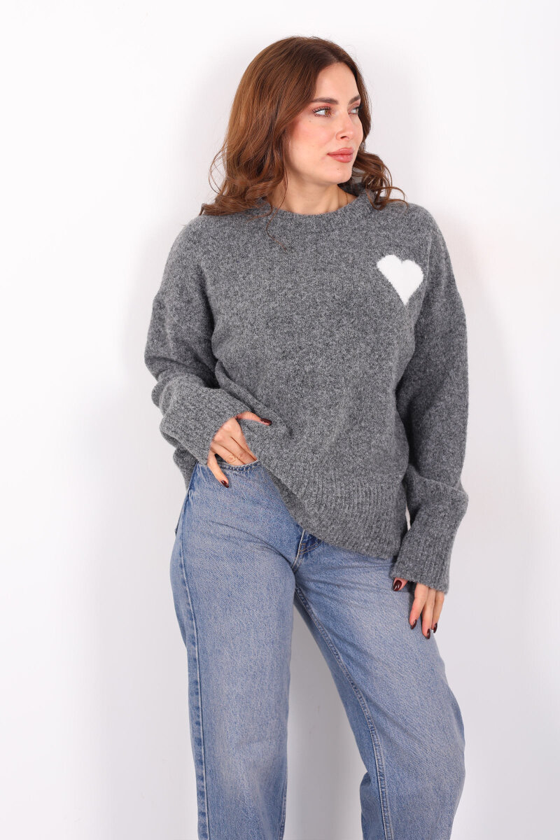 Bisiklet Yaka Kalp Detaylı Füme Kadın Triko Kazak - 3
