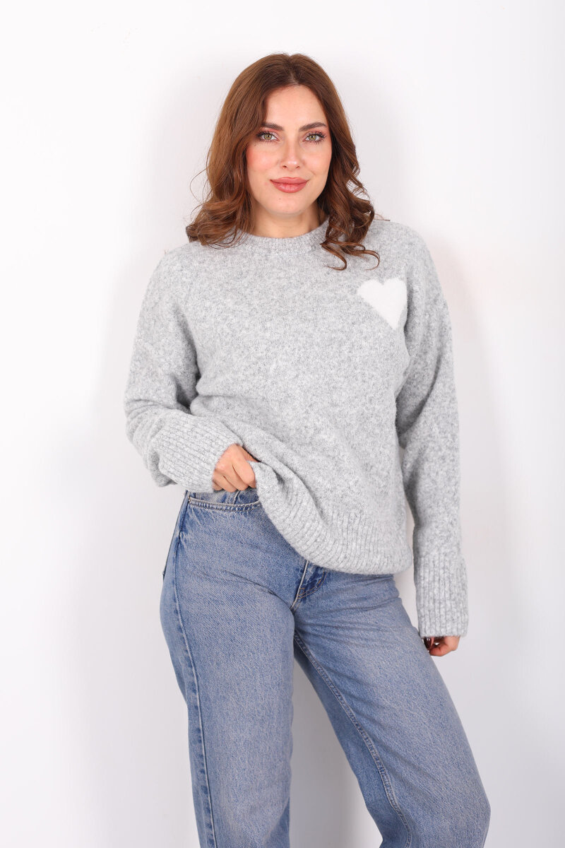 Bisiklet Yaka Kalp Detaylı Gri Kadın Triko Kazak - 4