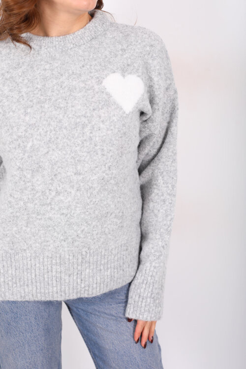 Bisiklet Yaka Kalp Detaylı Gri Kadın Triko Kazak - Berox (1)