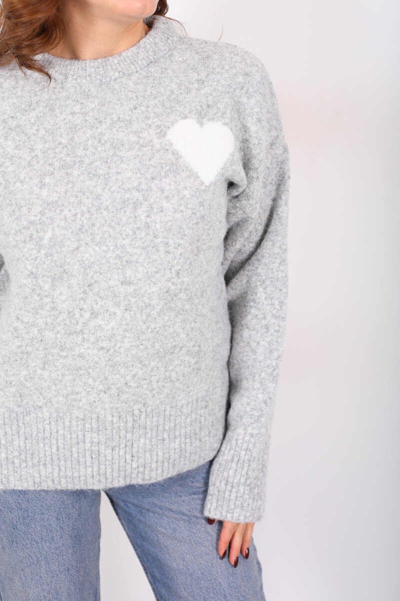 Bisiklet Yaka Kalp Detaylı Gri Kadın Triko Kazak - 2